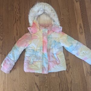 C&C California Toddler 4T Puffer Winter Jacket Tie Dye Pastel Faux Fur Hooded